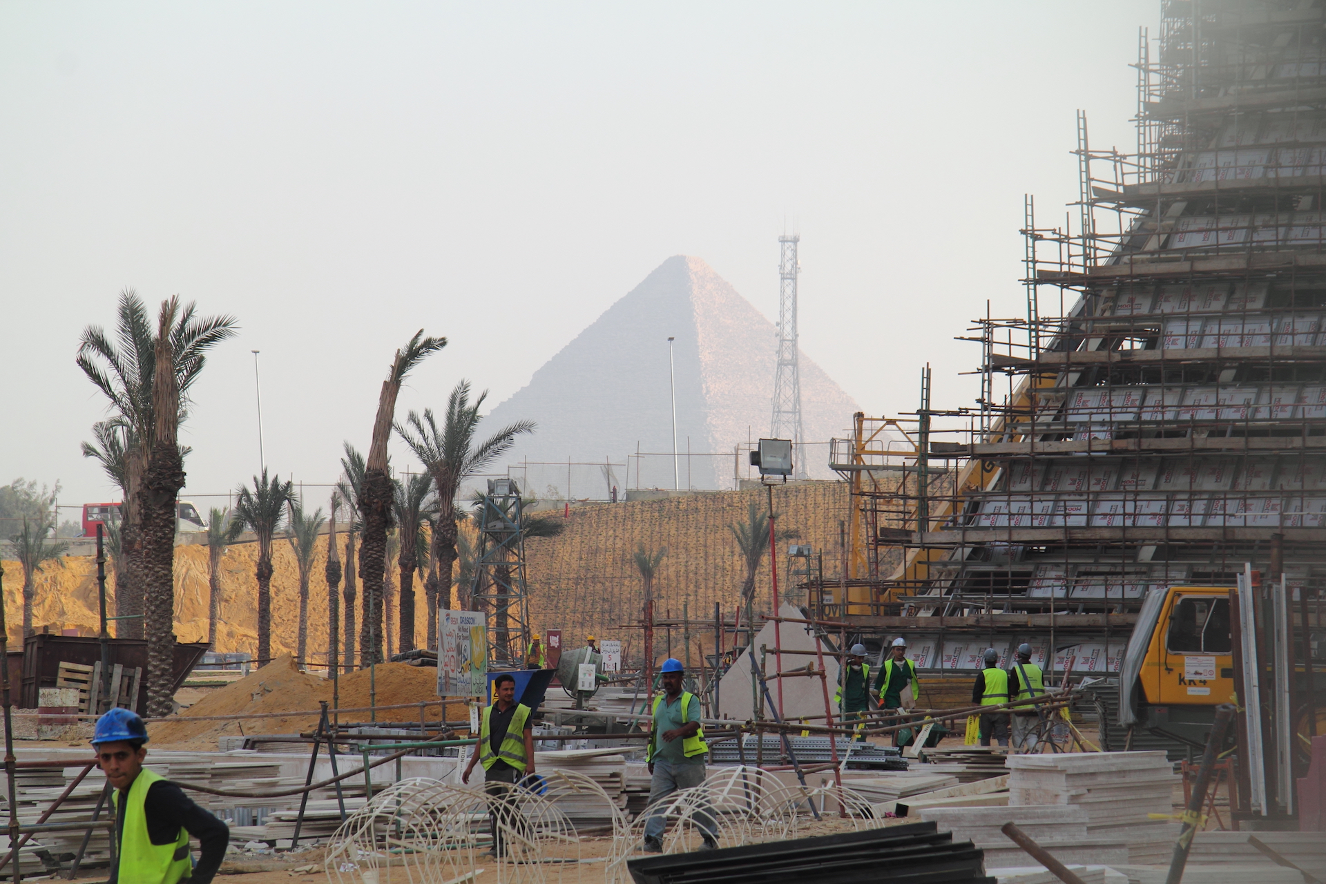The Grand Egyptian Museum construction in front of the pyramids