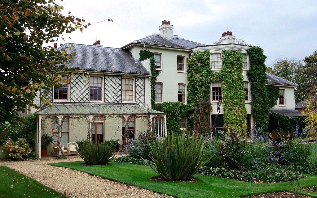 A white two-story house with plants climbing up one side of the house