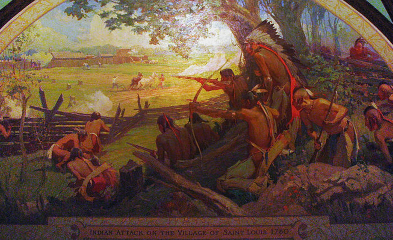 Photograph of a mural entitled Indian Attack on the Village of Saint Louis, 1780, by Oscar E. Berninghaus depicting the Battle of St. Louis at the Missouri State Capitol