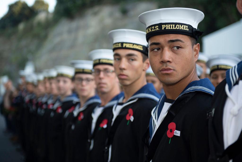 Members of the Royal New Zealand Navy attend the Anzac Day 2019 Devonport Naval Base Memorial Wall Service of Remembrance