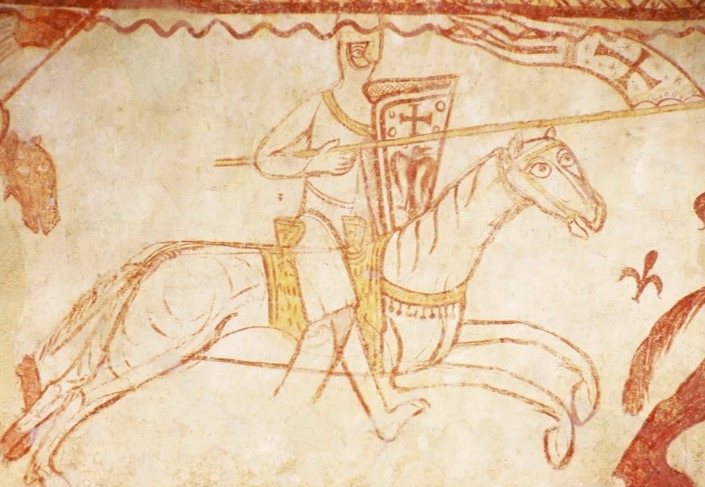 A crude drawing of a Knights Templar riding a horse into battle