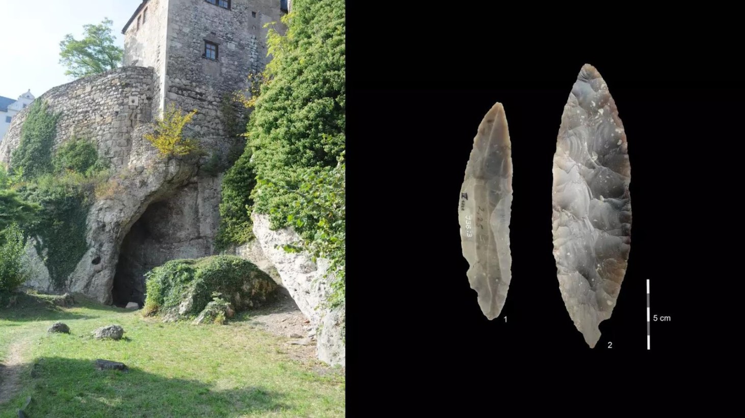 The image is split into two distinct parts. On the left, there is a photograph of an ancient stone castle built upon a large natural cave entrance surrounded by greenery. On the right, against a black background, two elongated and pointed stone tools are displayed side by side with a white ruler for scale marked in centimeter