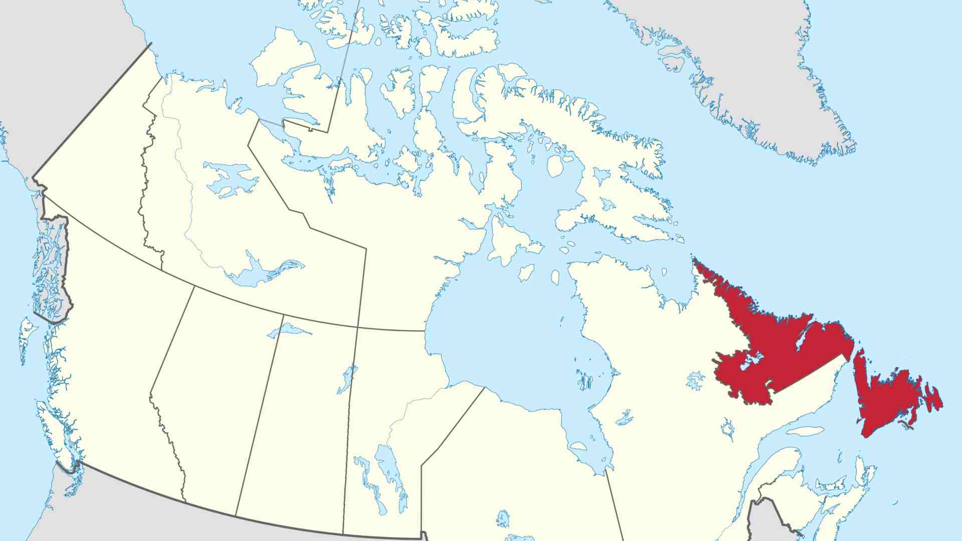 A map highlighting the Newfoundland region in Canada.