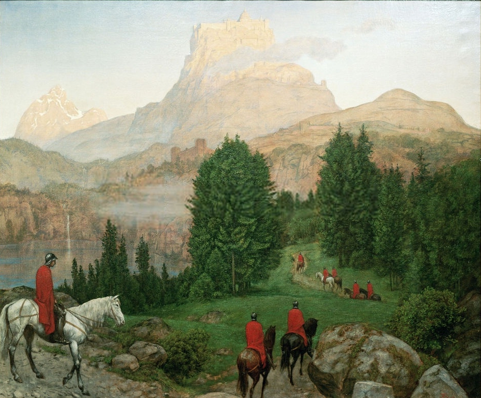 An oil painting of a knight on a horse going toward a distance mountain