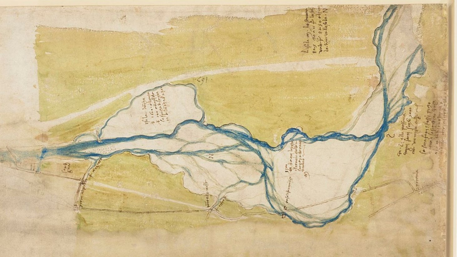 An aged, parchment paper features a topographical map by Leonardo da Vinci, with annotations in old Italian script