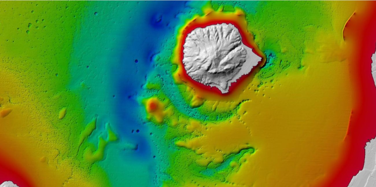 Bathymetric map reveals thousands of pockmarks from gas discharge on the lake bed and evidence of a sweeping paleo river (deeper blue) that existed before the lake's formation