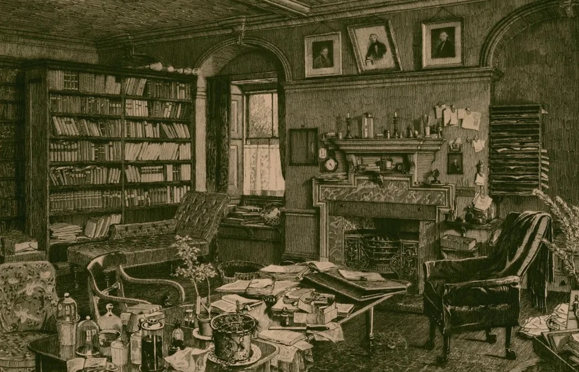 An etching of Darwin's study, commissioned a week after he died