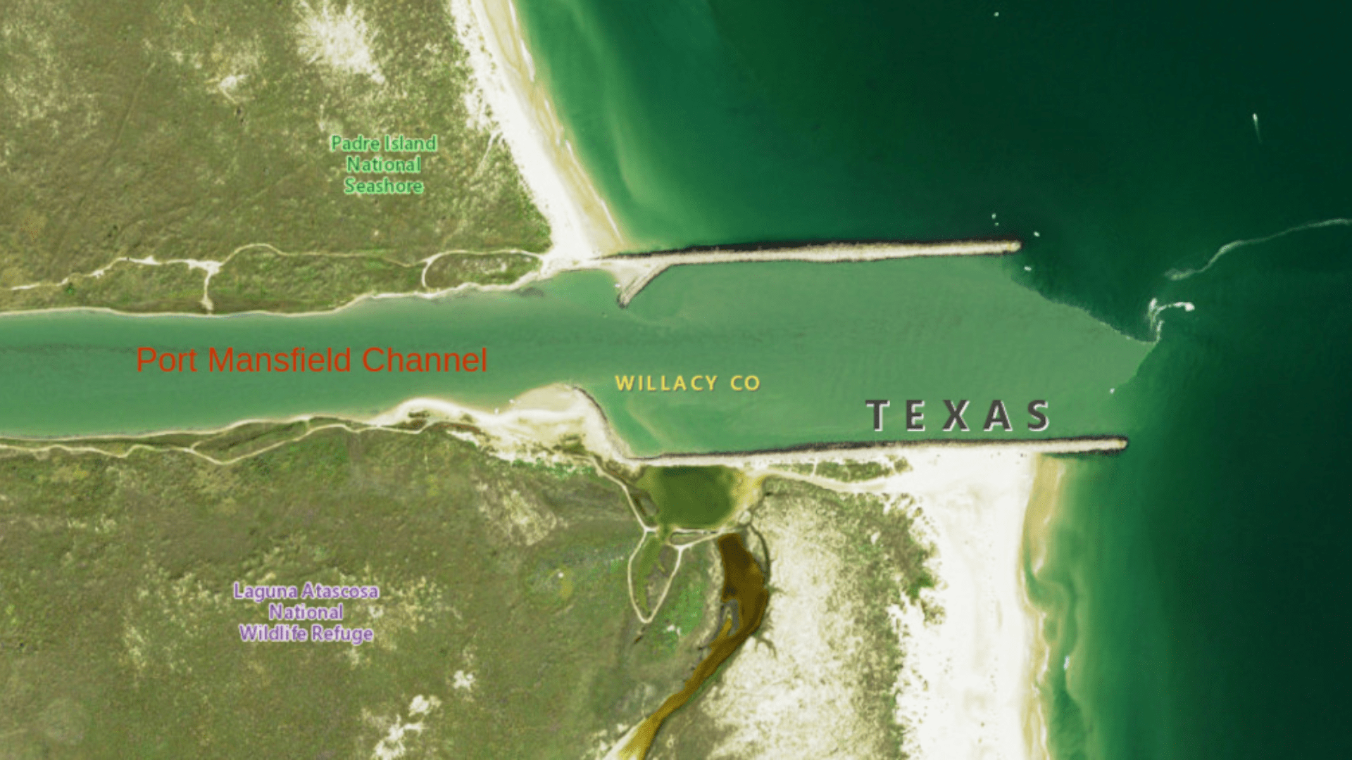 An satellite photo of the Mansfield Cut, an artificial waterway that was cut through Padre Island.