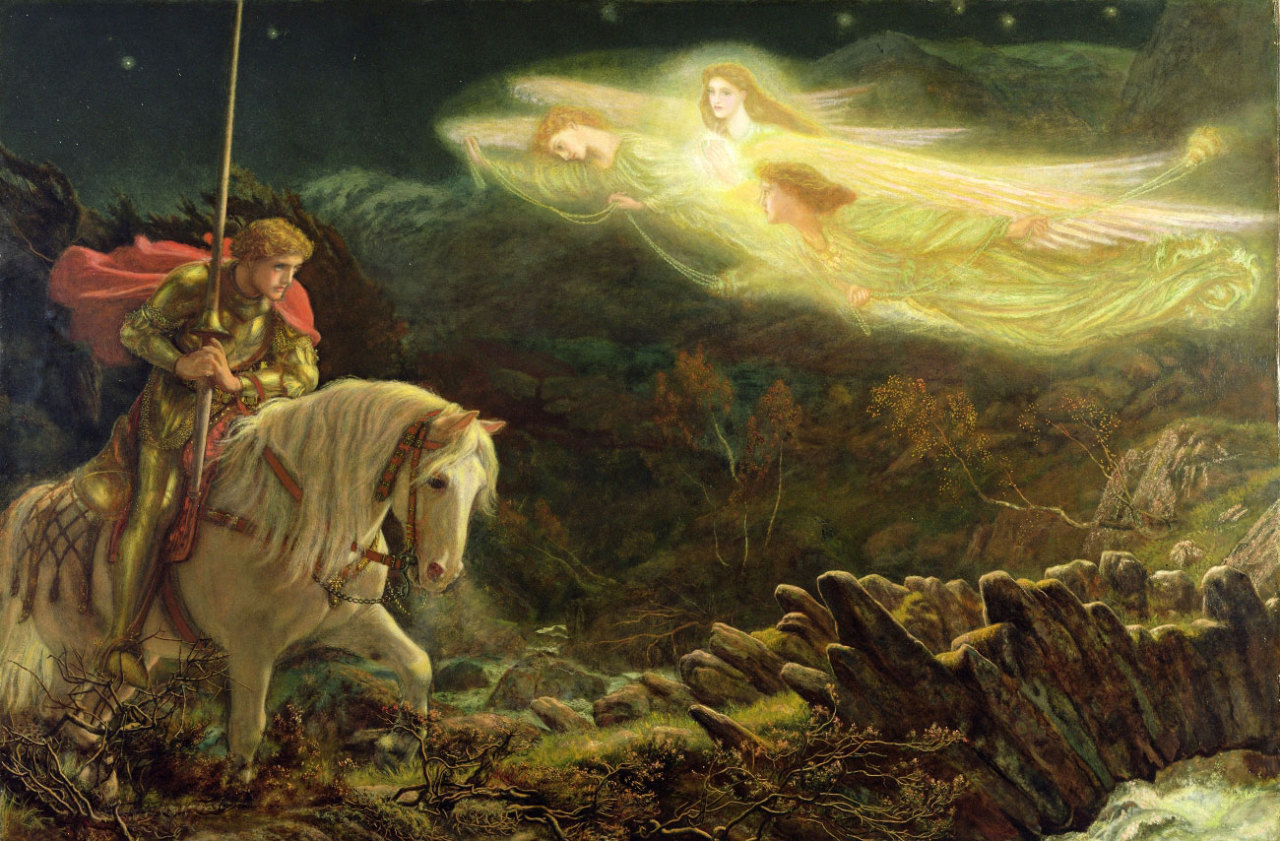 An oil painting of Sir. Arthur discovering the Holy Grail, which is presented by an angle