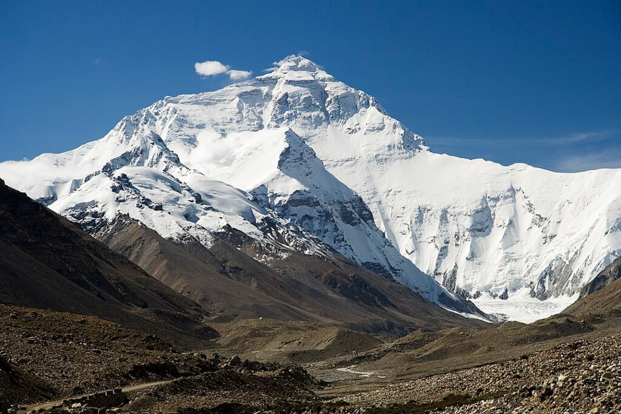 The snowy peak of Mount Everest in Nepal