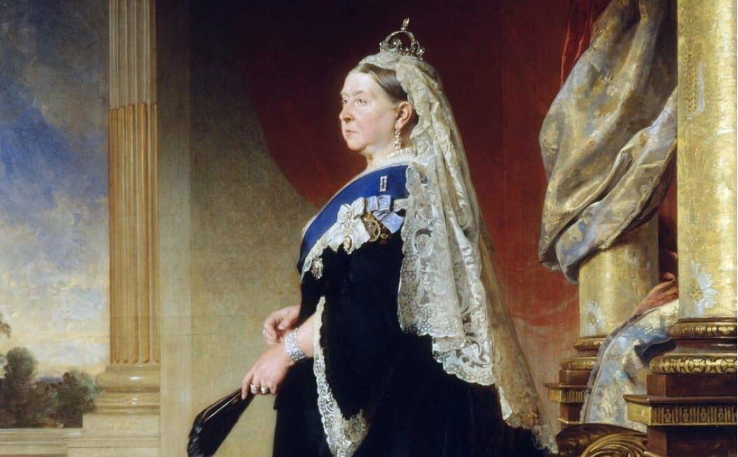 A portrait of Queen Victoria painted in a long black dress