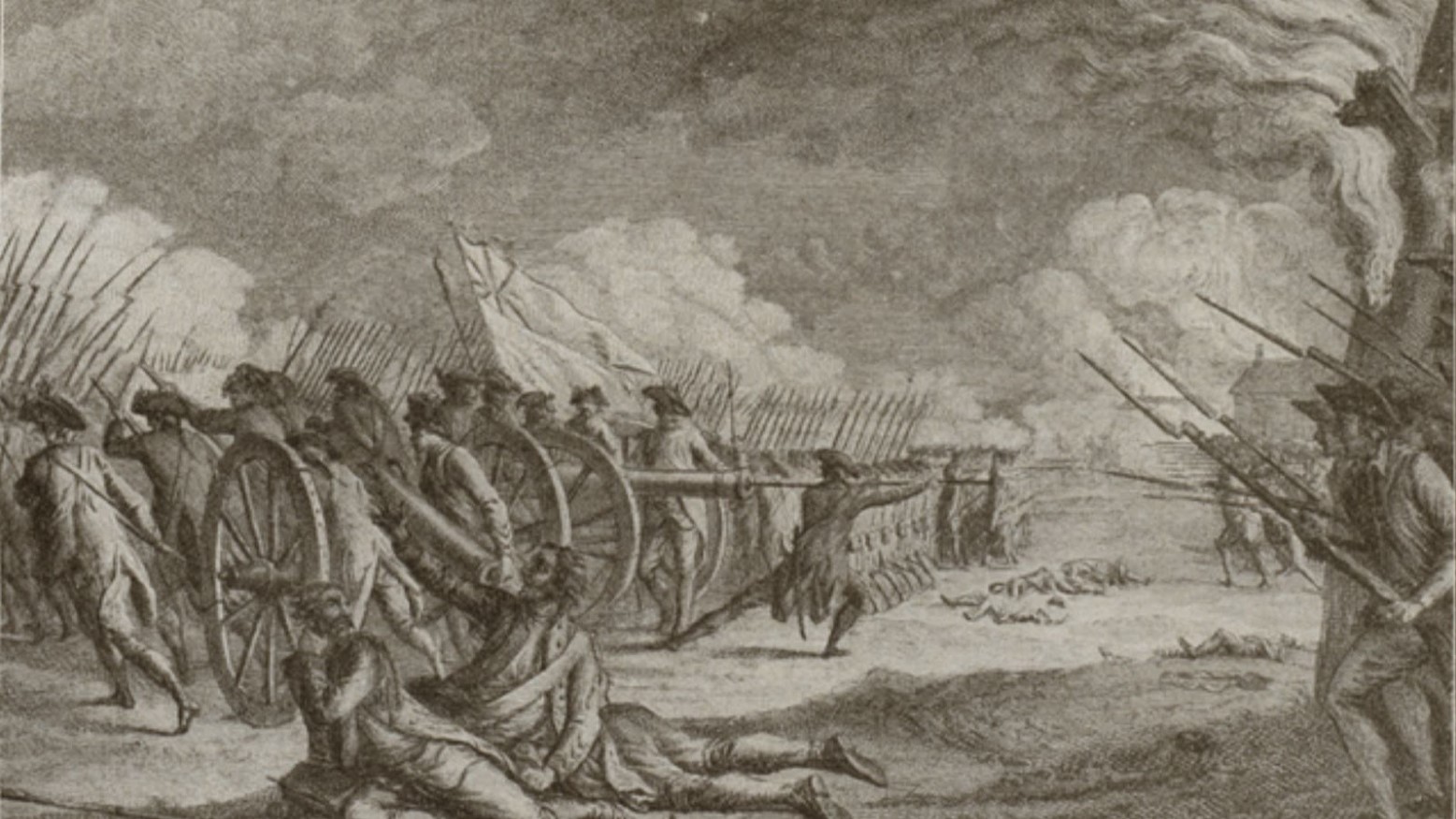 An engraving of the Battle of Lexington. One row of soldiers is using gun cannons and another is using rifles. There are a few soldiers lying on the ground who are wounded.