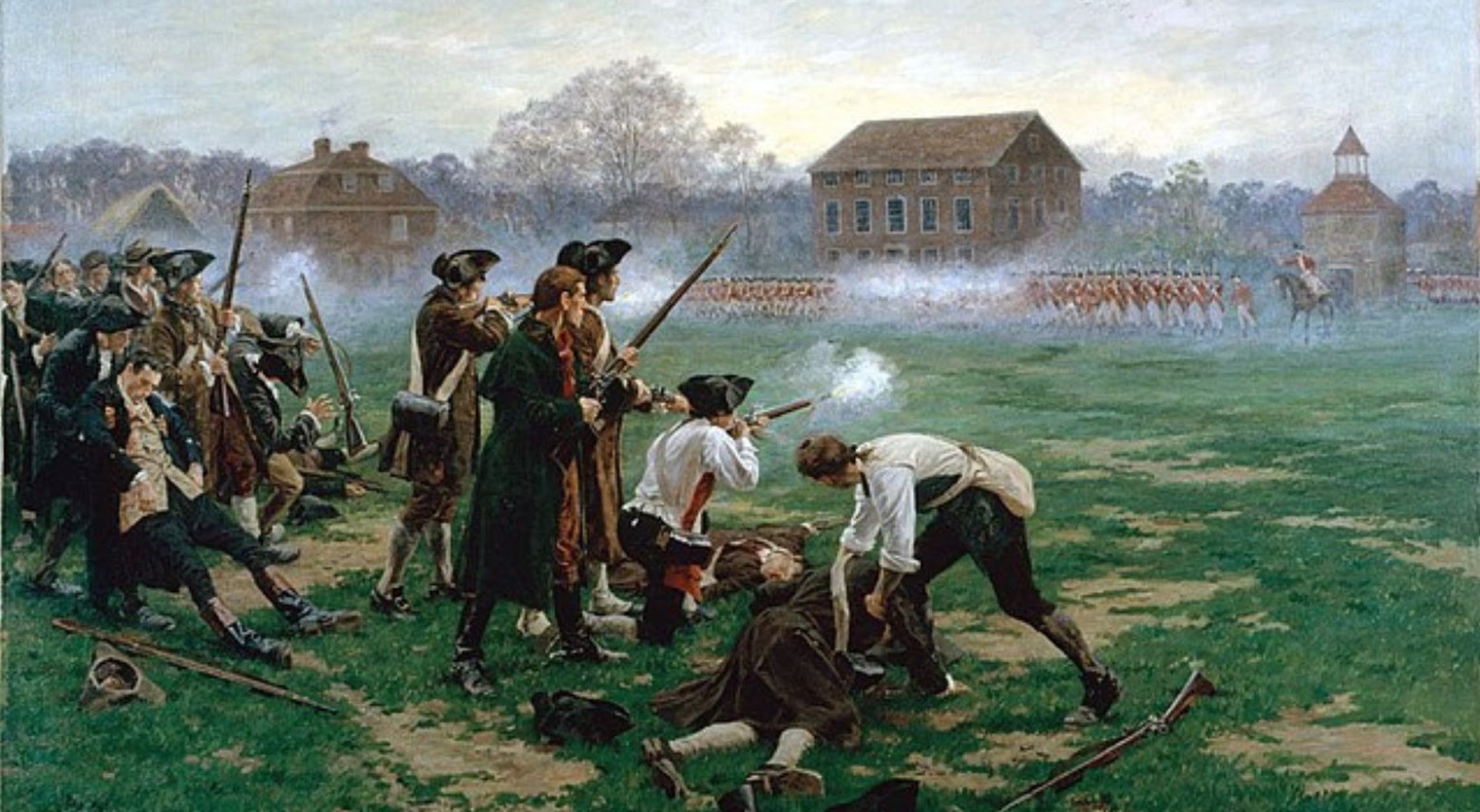 The Battle of Lexington. There are two groups of soldiers on either side of the field. The soldiers in the foreground have guns. Some are lying on the ground and are wounded. One of the soldiers in the background is on a horse.