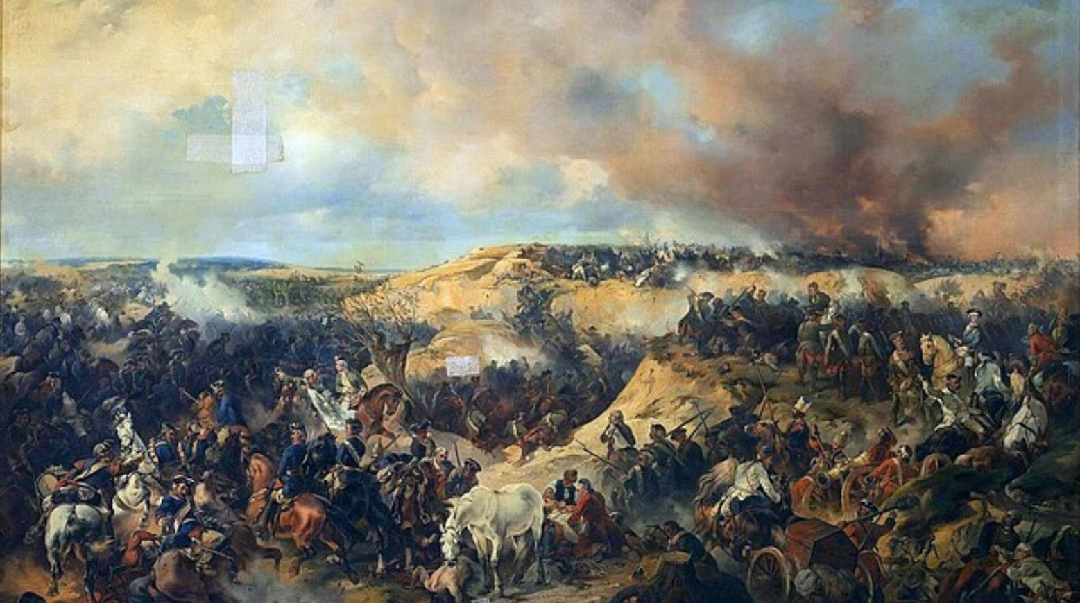 A painting of the Battle of Kunersdorf in 1759. There are soldiers on horses or standing on the ground and lots of smoke in the background.
