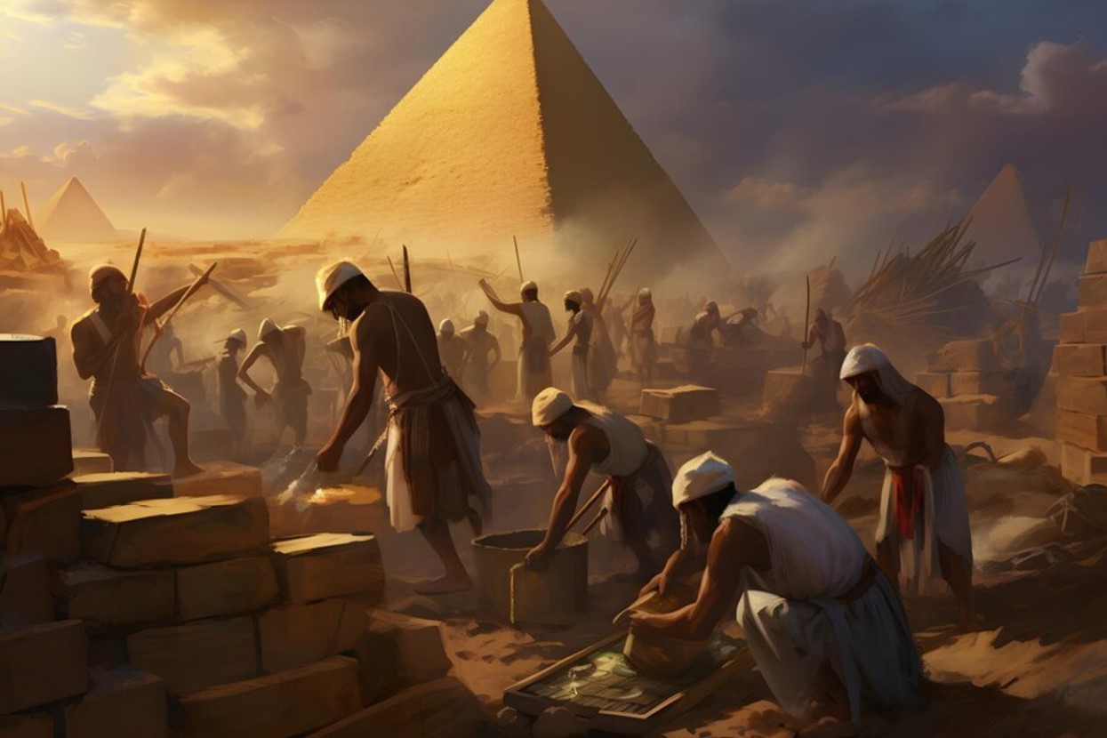 Digital illustration of workers building the Pyramids of Giza