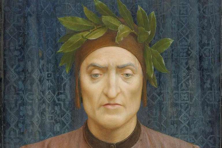 A painting of a man with a strong features wearing a crown of branches