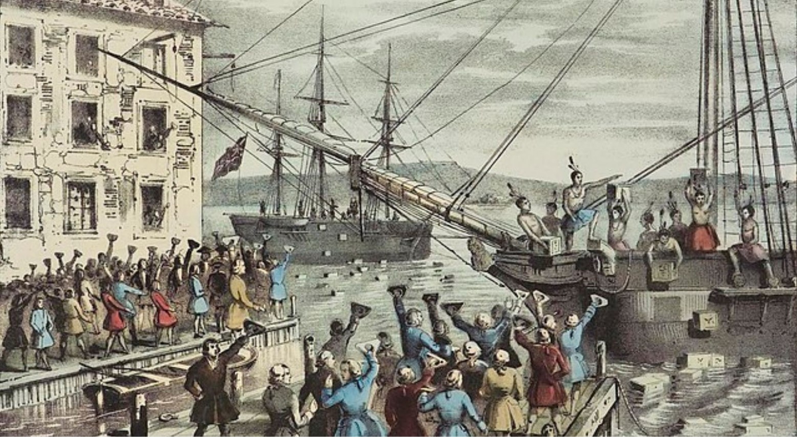 A painting of the Boston Tea Party. There are two ships in the harbor with some people on board. There are crowds of people standing on platforms surrounding the harbor waving their arms in the air.