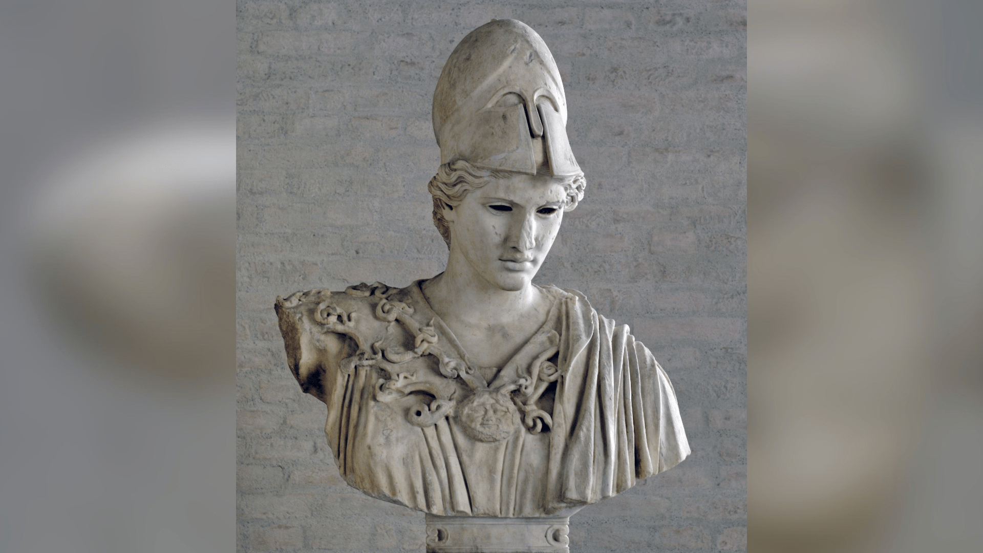 Bust of Athena, type of the “Velletri Pallas” (inlaid eyes are lost). Copy of the 2nd century BCE style after a votive statue crafted by Kresilas in Athens.