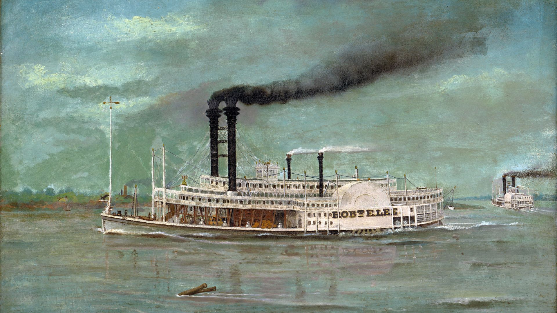 An 1800s painting of a steamboat in the water.