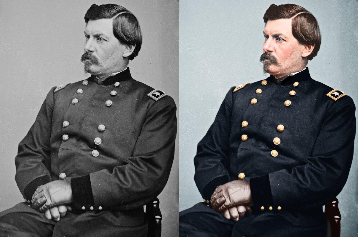 Original photo of George B. McClellan alongside a colorized version