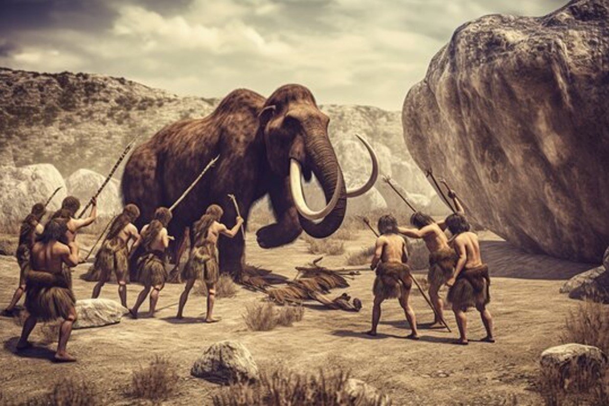 Illustration of early humans hunting a woolly mammoth