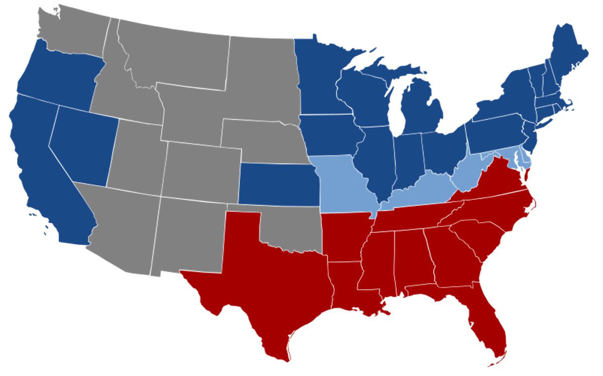 Map of the United States during the Civil War divided into colors for the north and the south