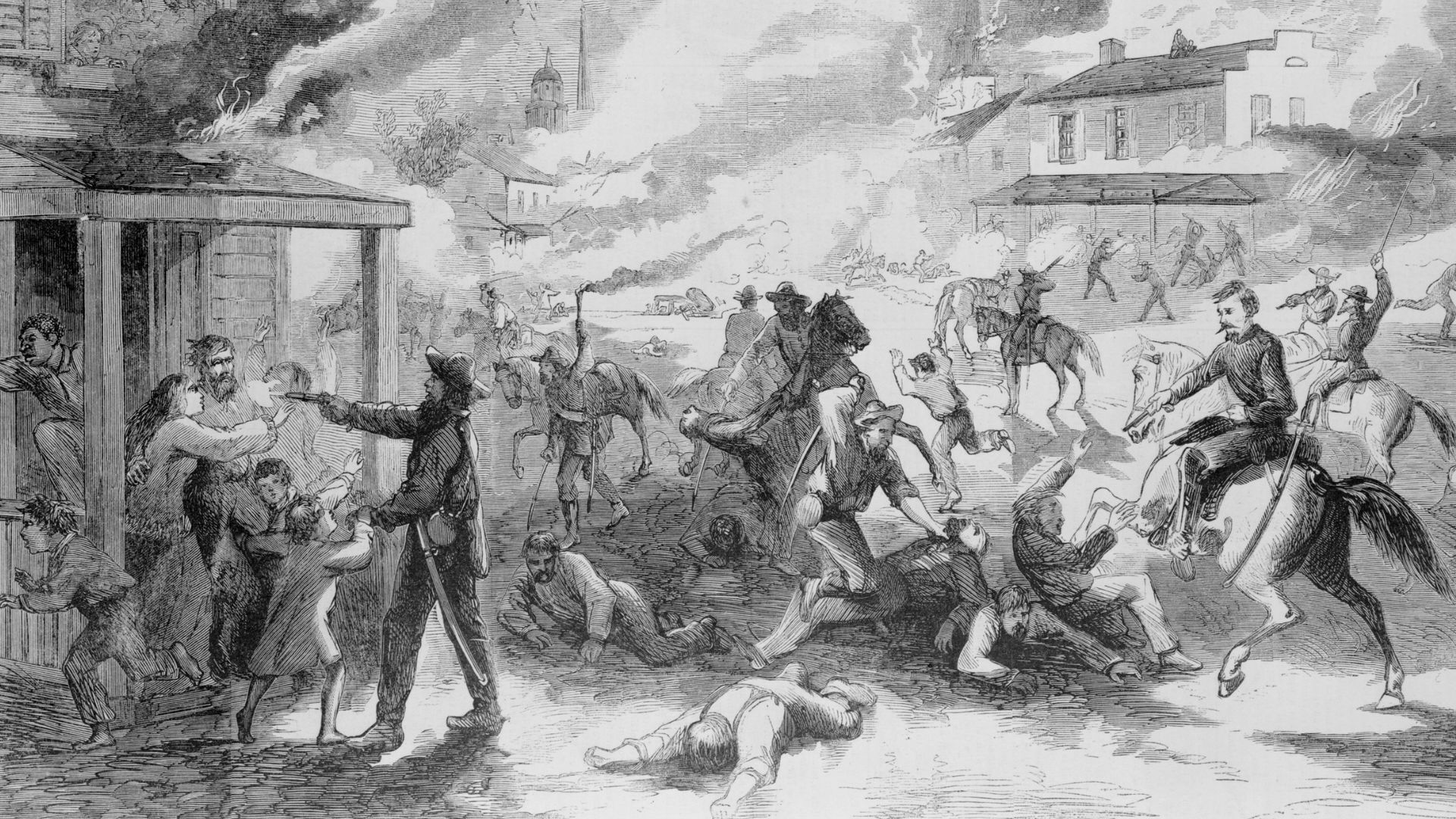 An 1800s engraving that depicts the Lawrence Massacre.