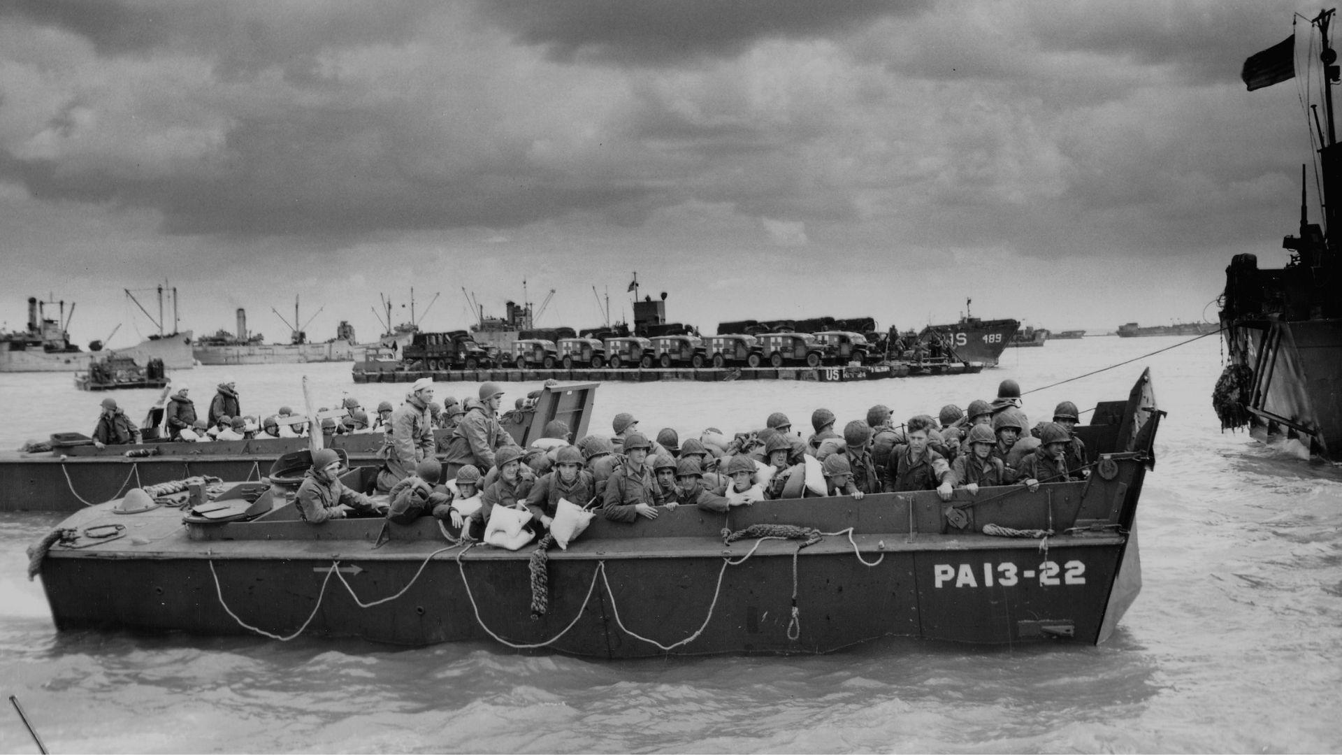 Many ships full of American soldiers during D-Day during World War II.