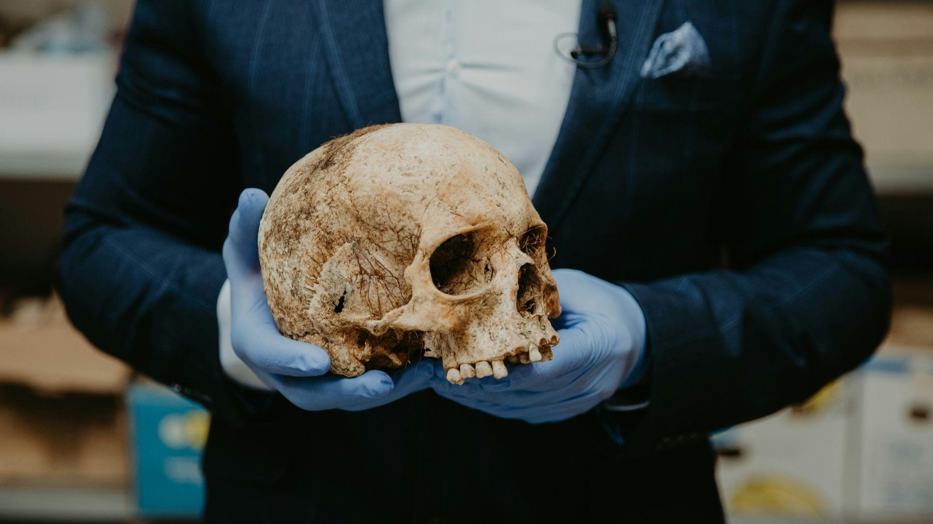 An archeologist wearing gloves holds an old skull in his hands.