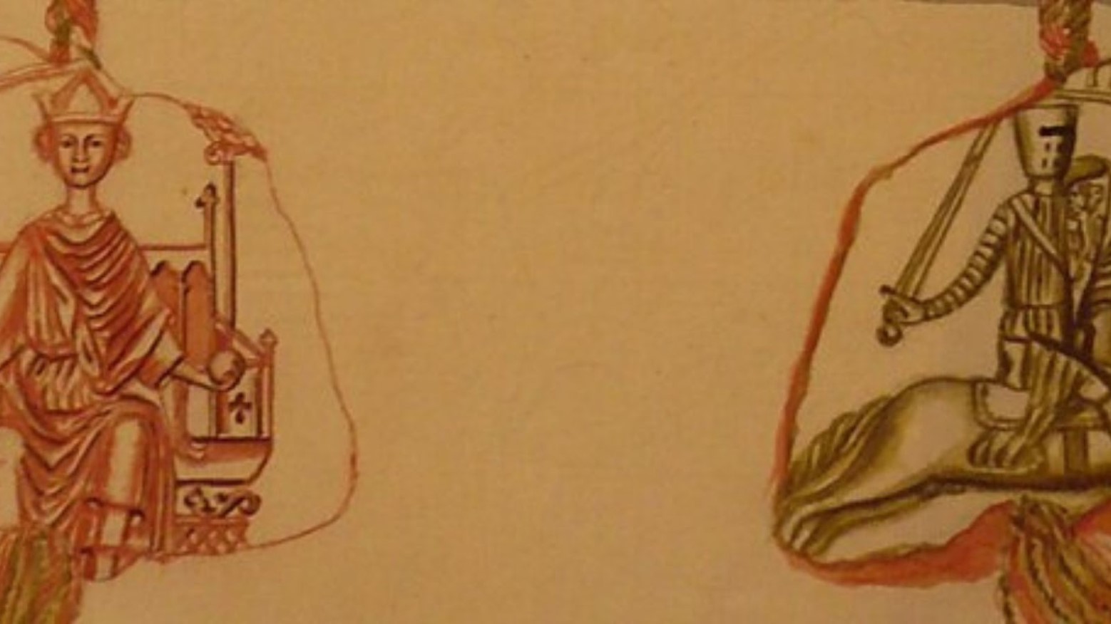 The coat of arms of Magnus Lagabote. On the left, there is a red print of Lagabote sitting on a throne wearing a crown. On the right is a silver print of a knight in shining armor on a horse with a red circle around them.