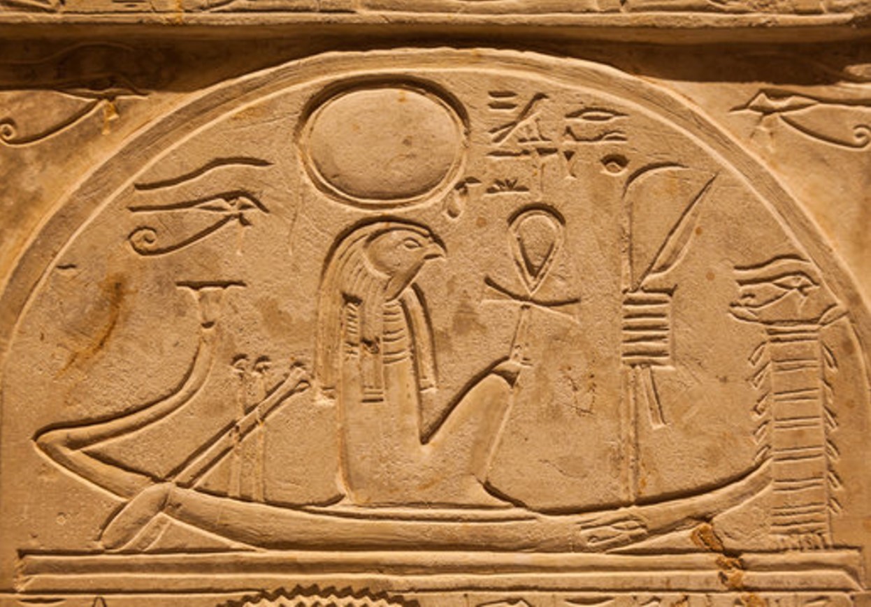 Depiction of the Egyptian god Ra on an ancient hieroglyph