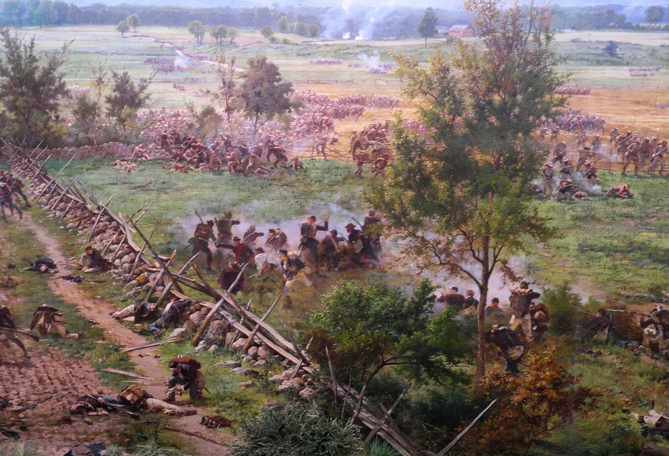 Scene depicting “Pickett's Charge” in the Battle of Gettysburg, from a panorama by Paul Philippoteaux, 1884; at Gettysburg National Military Park, Pennsylvania