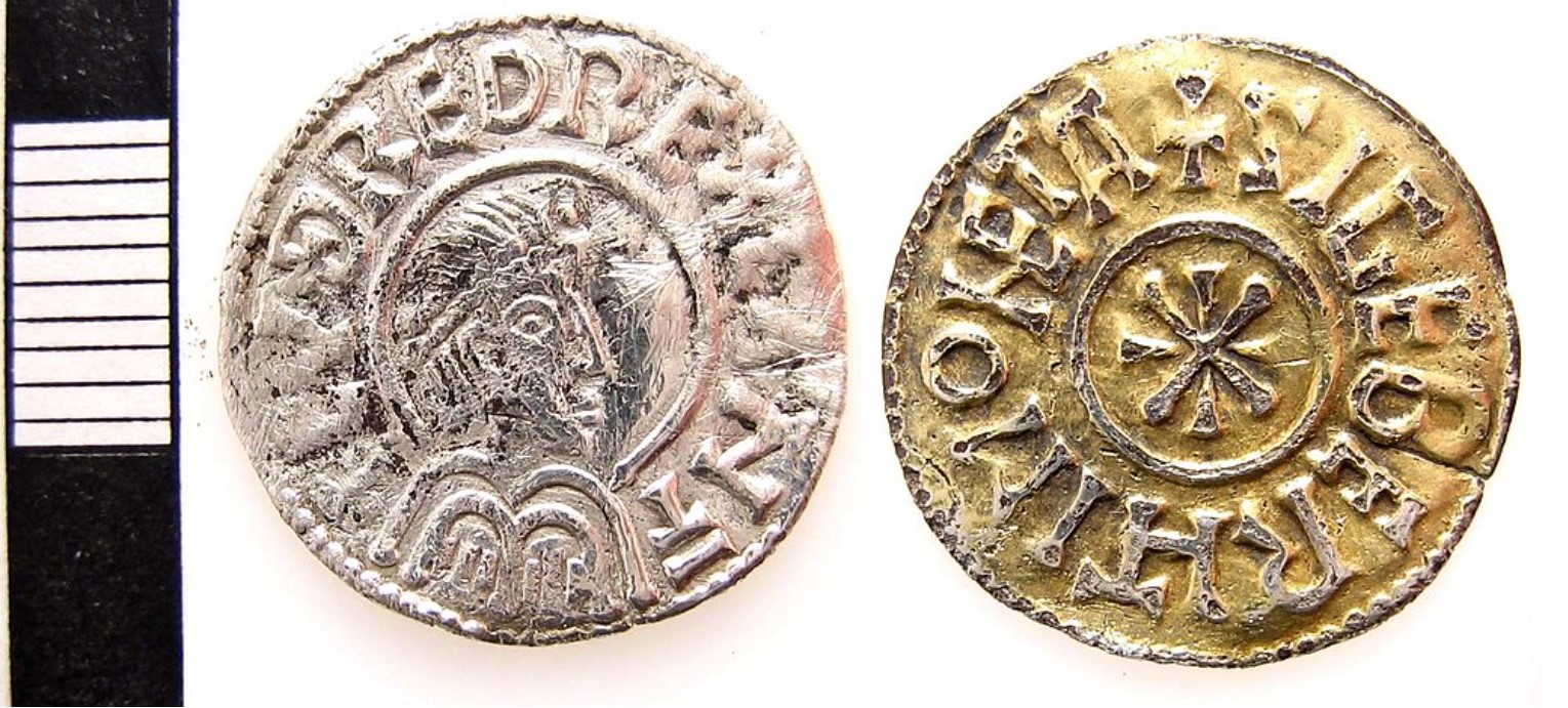 An Anglo-Saxon coin pictured on a small table