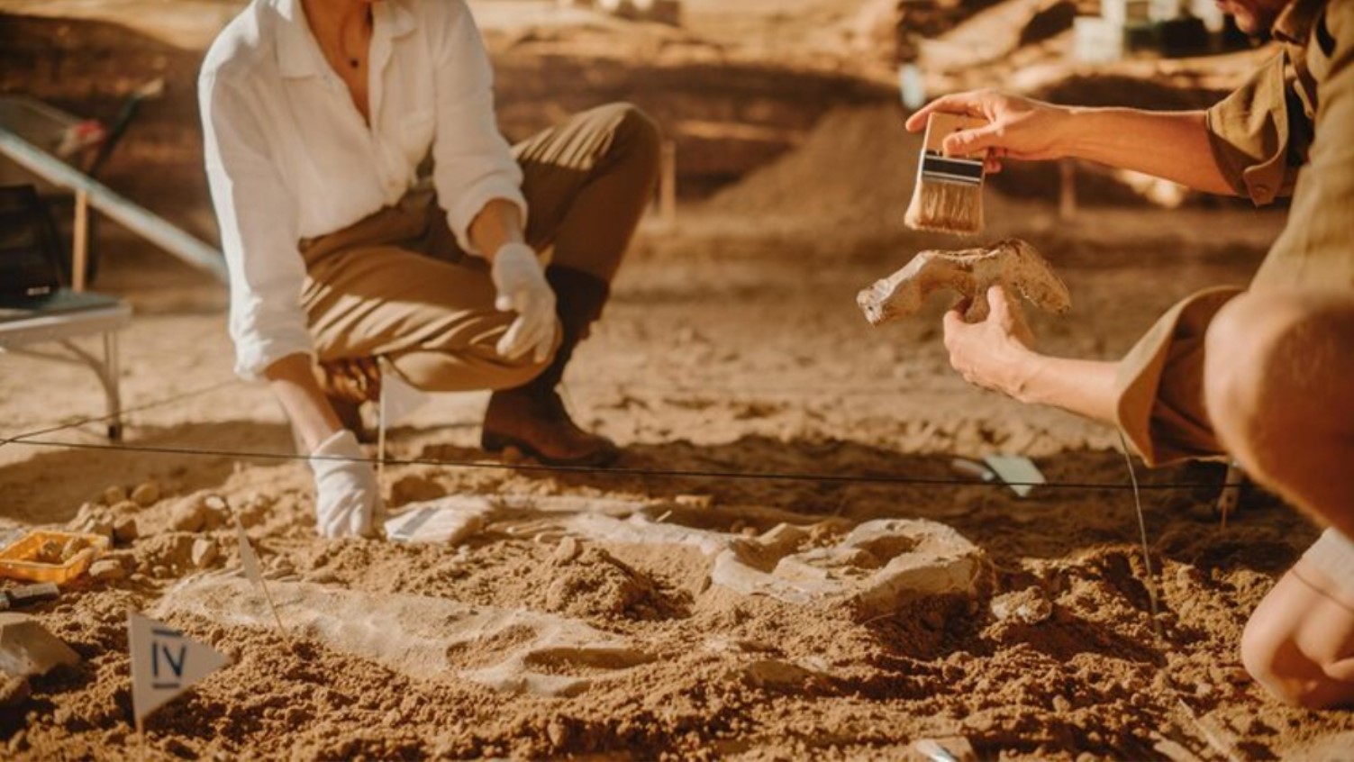 Two archaeologists pictured working at an excavation site in the desert