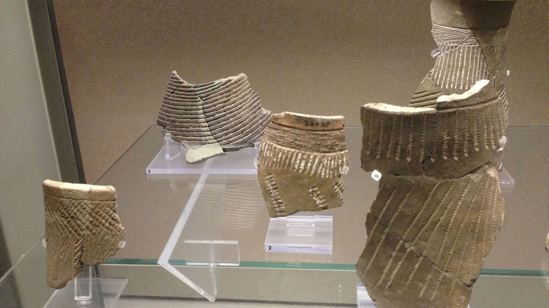 A museum display featuring fragmented pieces of ancient pottery. The pottery shards, shown in various sizes and states of preservation, exhibit textured patterns with parallel lines and hatched designs