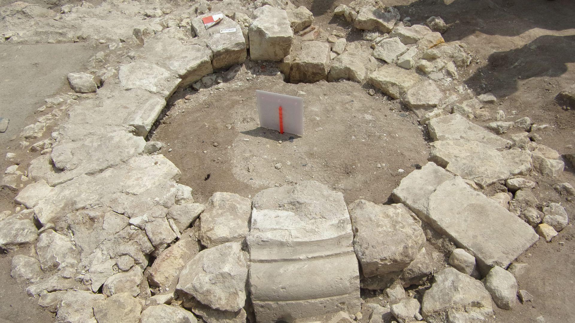 A close-up view of a circular part of the archeological dig of Beaumont Abbey in France.