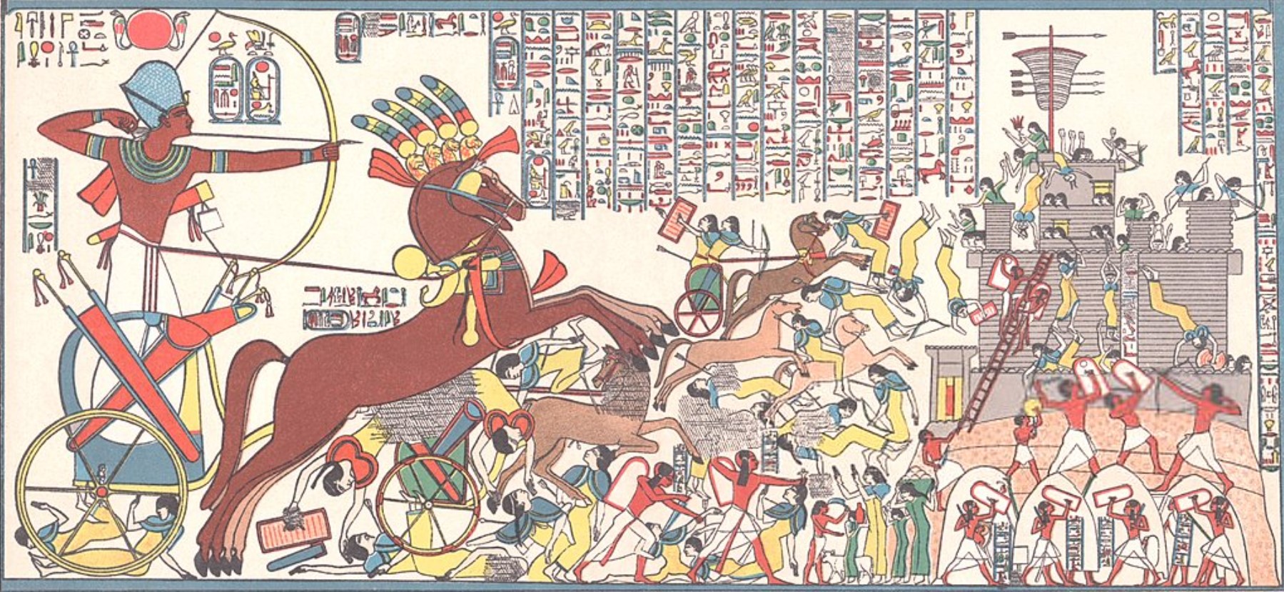 A large mural shows Pharaoh Ramses II at war with the Hittites