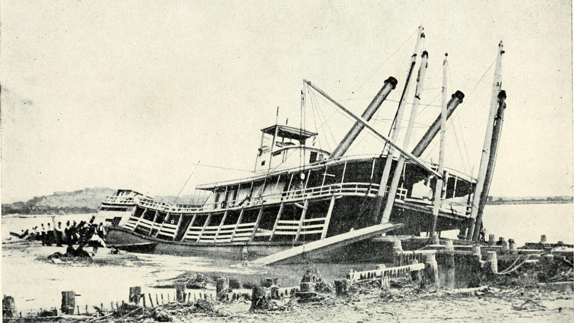 A 1903 engraving of an old steamboat sinking in the Missouri River.