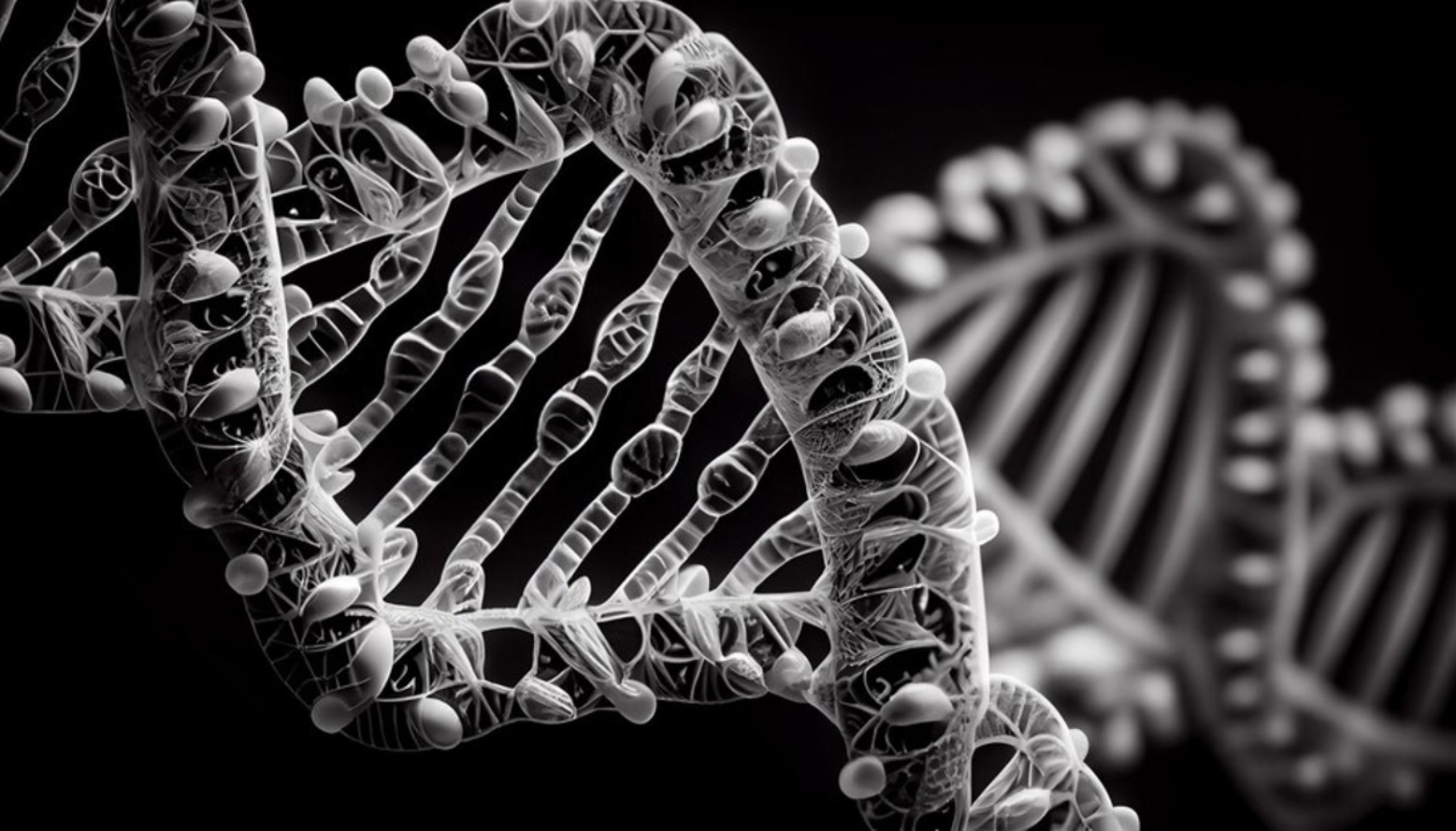 Digital illustration in black and white of a DNA strand