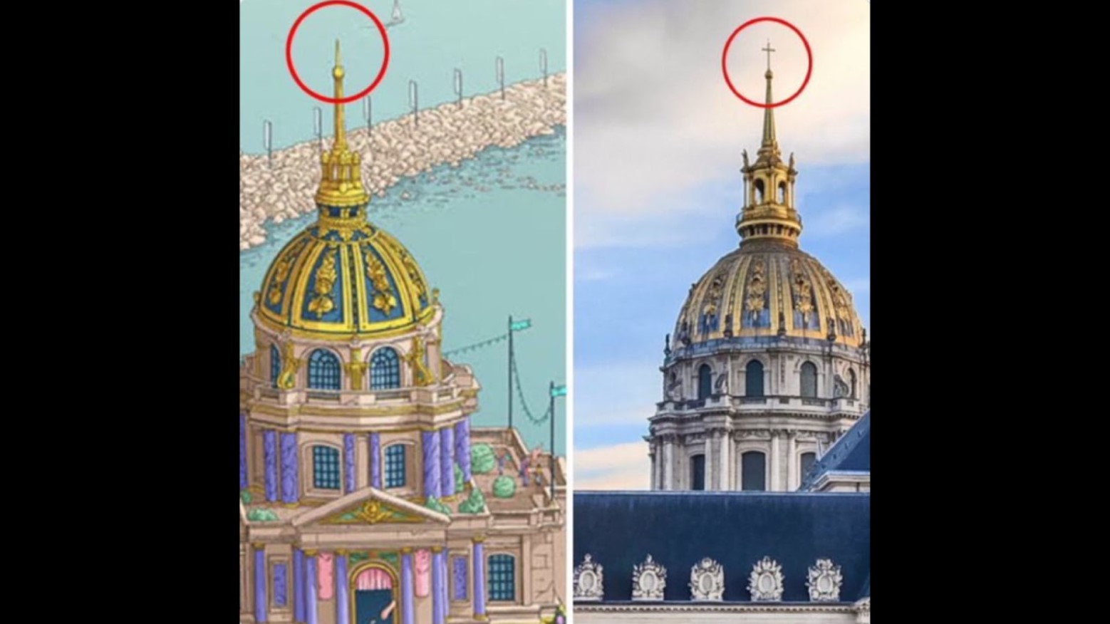 Drawing of the Cathedral of Saint Louis of the Invalides within the official poster for the Summer Olympic Games 2024 by Ugo Gattoni/The Cathedral of Saint Louis of the Invalides in Paris with the cross at the top of the dome circled