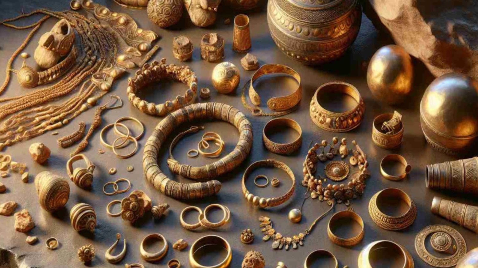 The Treasure of Villena laid out on a table. This includes gold vases, bracelets, rings, and round gold items that are shaped like a large egg.