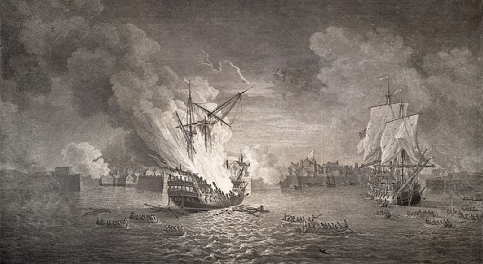 A black and white drawing of the Siege of Louisbourg which occurred in 1758. This battle happened at sea and there are boats in the sea, with one boat appearing to be on fire.