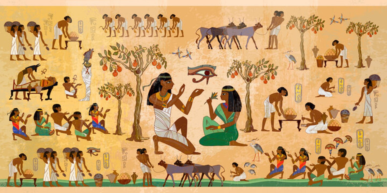 Creative illustration of life in Ancient Egypt according to various hieroglyphs