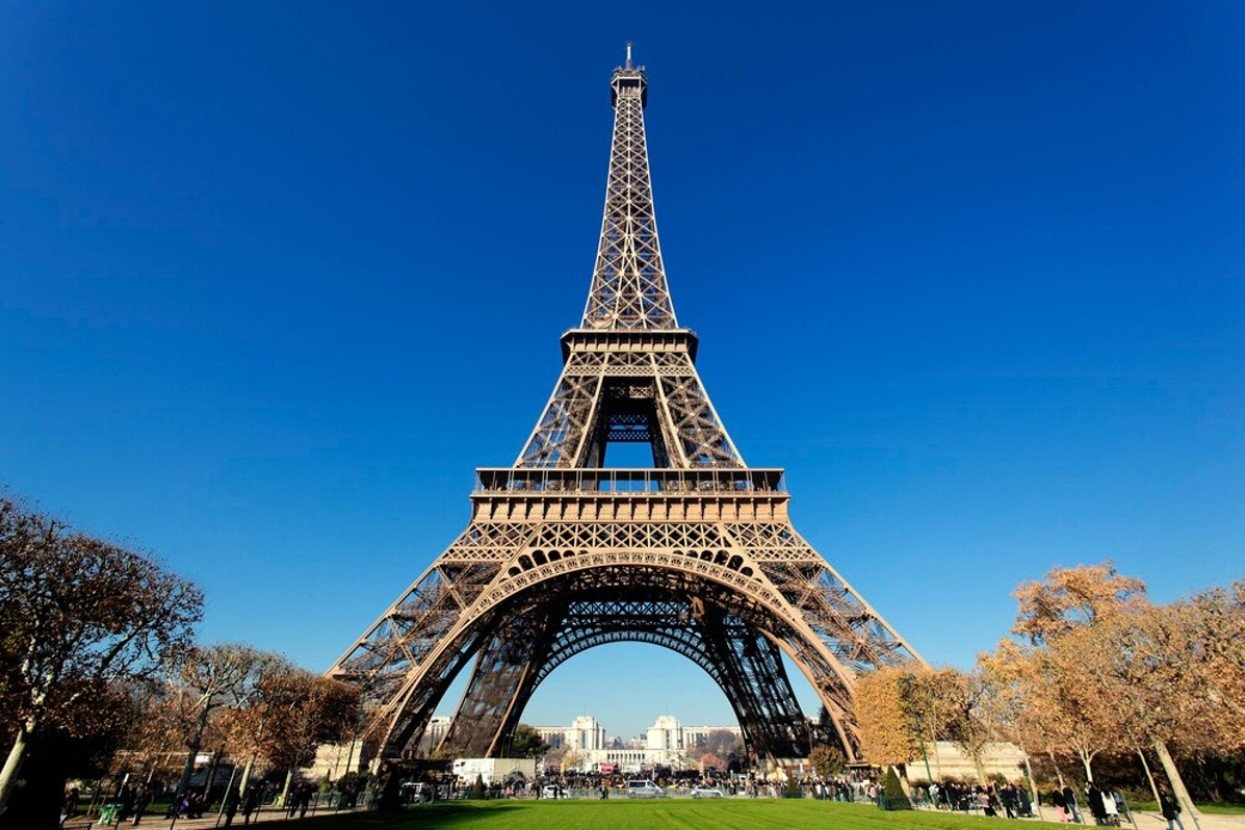 View of the Eiffel Tower in Paris, France from the grass