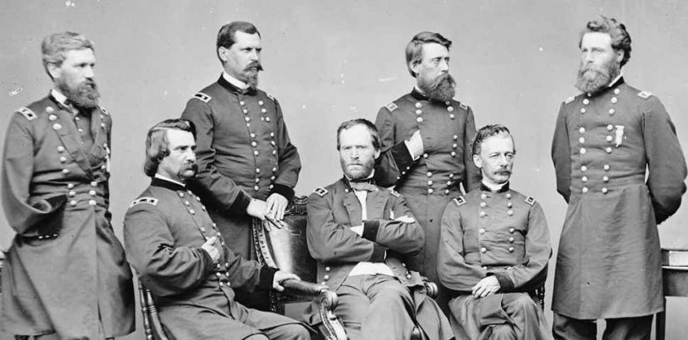 General William Tecumseh Sherman with his staff, including Oliver Otis Howard, John A. Logan, William B. Hazen, Jefferson C. Davis, Henry Warner Slocum, and Joseph A. Mower
