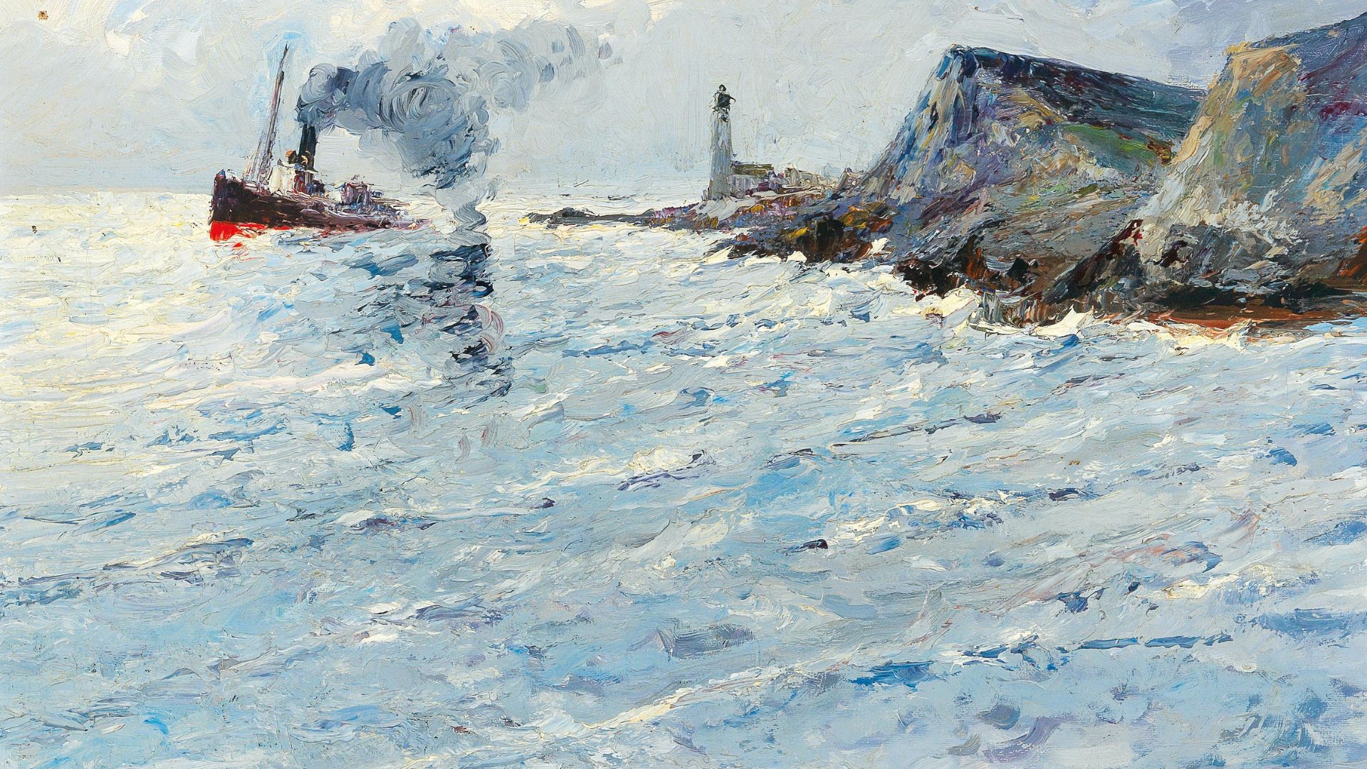 A watercolor painting by Lea von Littrow of a steamboat in the water by a lighthouse.