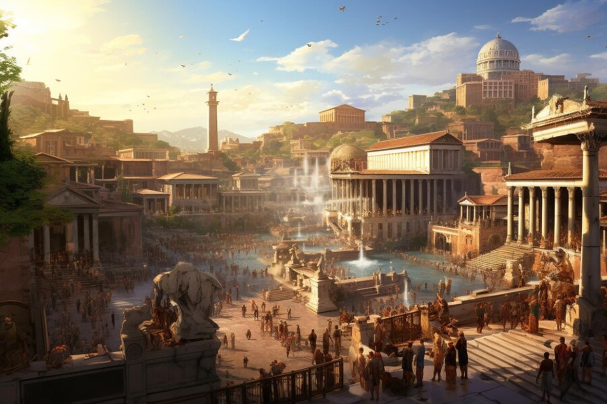 Digital illustration of life in a city during the reign of the Roman Empire
