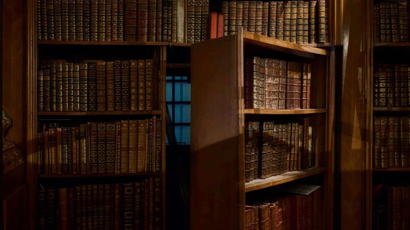 A wooden bookshelf with lots of old books on it. On one side of the bookshelf is a secret door that leads to another room. The secret door is slightly open.