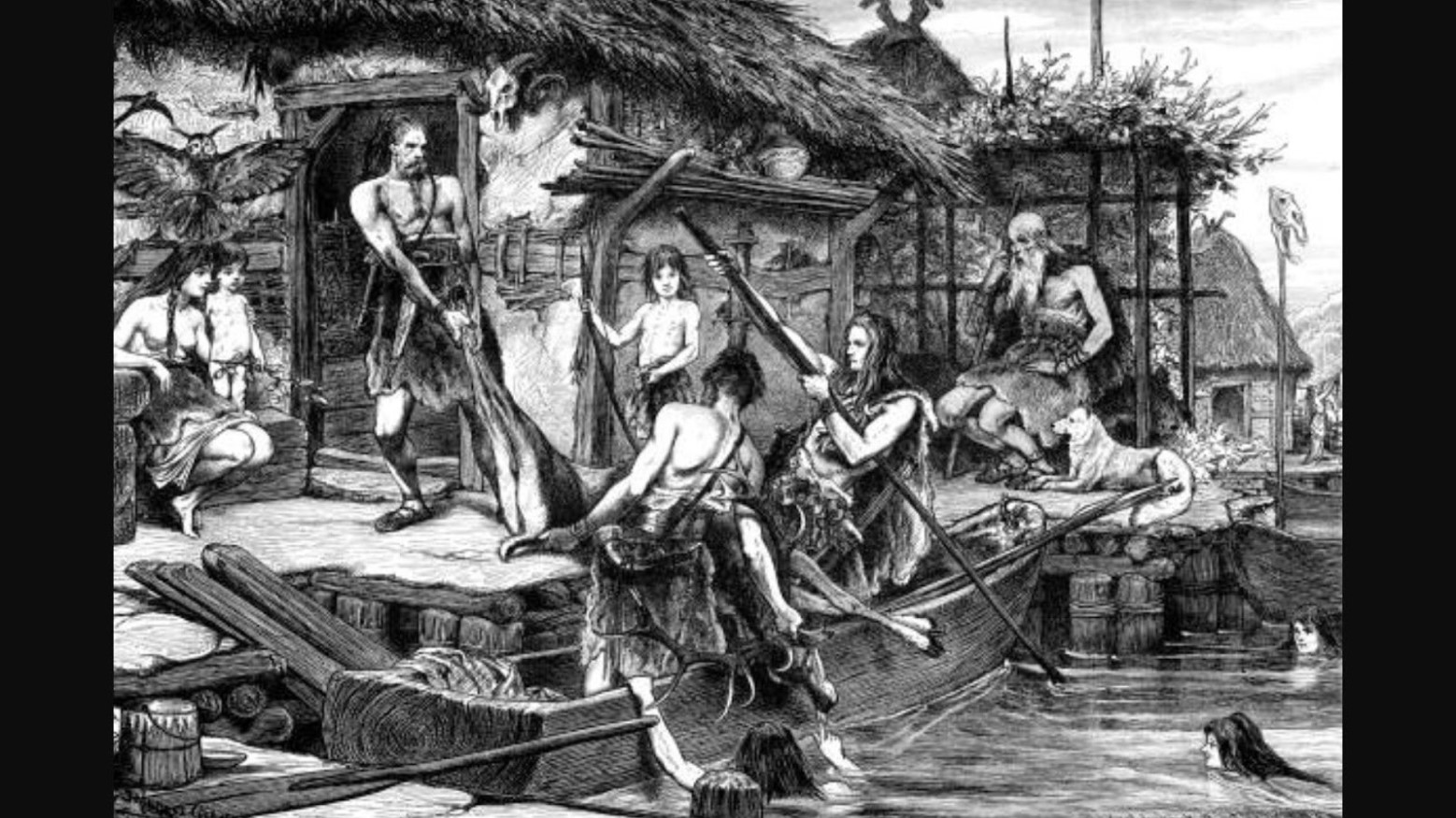 Black and white illustration of a community working together after a hunt during the Bronze Age