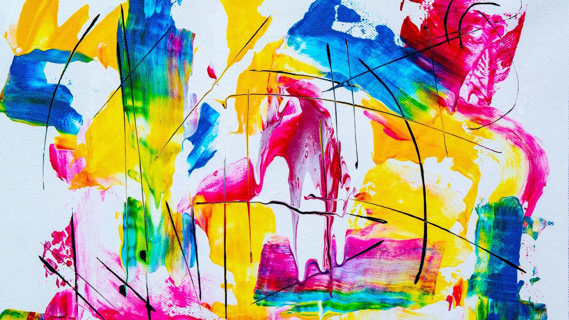 Many different colorful brush strokes over a white canvas.
